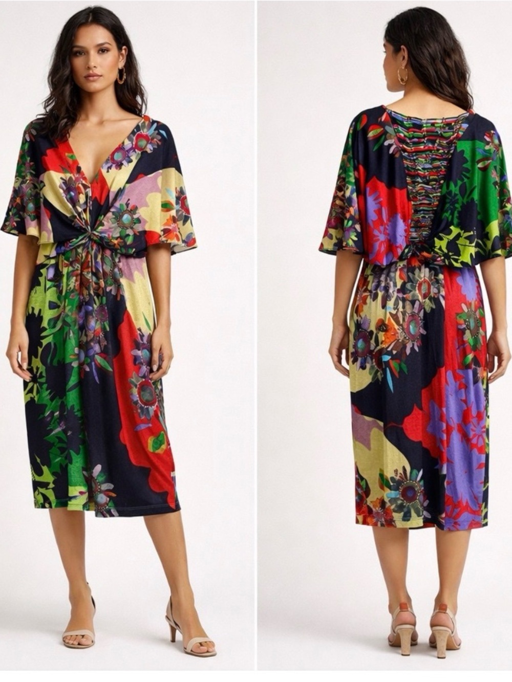 Ranna Gill Multi-Color Floral V-Neck Midi Dress with Front Knot